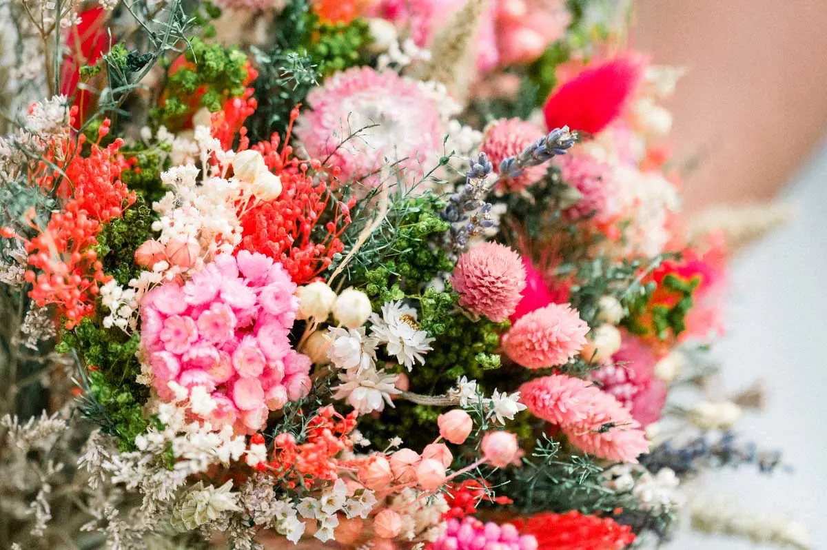 Gros plan du bouquet de fleurs séchées roses, rouges et lavande